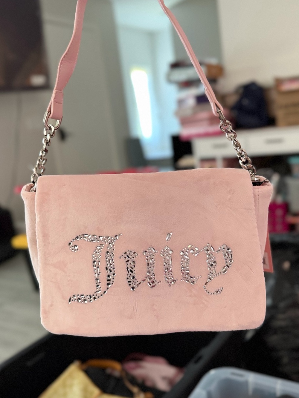 Juicy Couture Light Pink Plush Shoulder Bag with Crystal 'Juicy' Logo